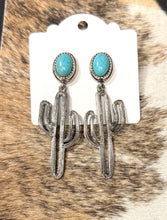 Load image into Gallery viewer, Faux Turquoise Cactus Dangle Earrings – Silver Western Desert Statement Earrings