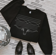 Load image into Gallery viewer, Western Longhorn Boot Stitch (DTF PRINT) Line Art Mommy & Me Kids–Adult Gildan Black Shirt – Graphic Tee, Long Sleeve & Crewneck.