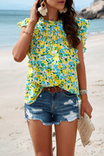 Load image into Gallery viewer, Smocked Printed Mock Neck Cap Sleeve Blouse