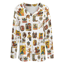 Load image into Gallery viewer, Baha Ranch Vintage Cowgirl Collage Western Print Long Sleeve Top