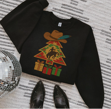 Load image into Gallery viewer, Western Faux Embroidered Cowboy Christmas Tree Bronc Rider Shirt – Graphic Tee, Long Sleeve & Crewneck