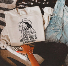 Load image into Gallery viewer, Don’t F*ck With Me In The Morning Cowgirl Coffee Gildan Sand Shirt – Graphic Tee, Long Sleeve & Crewneck.