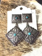 Load image into Gallery viewer, Faux Turquoise Silver Concho Statement Earrings – Western Cowgirl Dangle Earrings