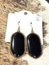 Load image into Gallery viewer, Black Oval Stone Dangle Earrings – Gold Trim Boho Western Statement Earrings