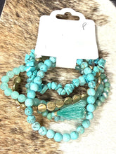 Load image into Gallery viewer, Turquoise Beaded Bracelet Stack with Tassel – Boho Western Stretch Bracelet Set (Set of 5)