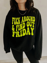 Load image into Gallery viewer, F*ck Around & Find Out Friday Neon Yellow Retro Font Black Shirt – Graphic Tee, Long Sleeve & Crewneck.