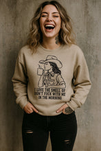 Load image into Gallery viewer, Don’t F*ck With Me In The Morning Cowgirl Coffee Gildan Sand Shirt – Graphic Tee, Long Sleeve & Crewneck.