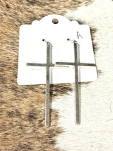 Load image into Gallery viewer, Long Silver Cross Dangle Earrings – Minimalist Western Faith Earrings