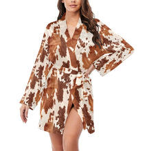 Load image into Gallery viewer, Light Brown Cow Print Women's Long Sleeve Belted Satin Feel Dressing Lounge Robe