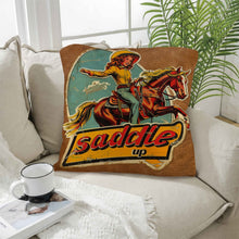 Load image into Gallery viewer, Saddle Up Vintage Cowgirl Throw Pillow Case 18x18inch Made in America