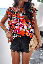 Load image into Gallery viewer, Smocked Printed Mock Neck Cap Sleeve Blouse