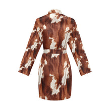 Load image into Gallery viewer, Brown Cow Print Women's Long Sleeve Belted Satin Feel Dressing Lounge Robe