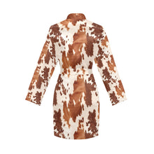 Load image into Gallery viewer, Light Brown Cow Print Women's Long Sleeve Belted Satin Feel Dressing Lounge Robe