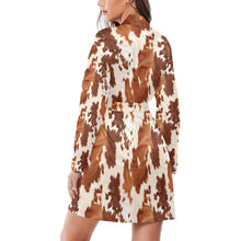 Load image into Gallery viewer, Light Brown Cow Print Women's Long Sleeve Belted Satin Feel Dressing Lounge Robe