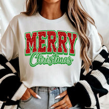Load image into Gallery viewer, Red Faux Glitter Merry Christmas Script Shirt – Graphic Tee, Long Sleeve & Crewneck