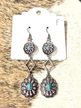 Load image into Gallery viewer, Faux Turquoise Concho Dangle Earrings – Silver Western Cowgirl Statement Earrings