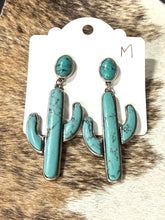 Load image into Gallery viewer, Faux Turquoise Cactus Dangle Earrings – Silver Western Desert Statement Earrings