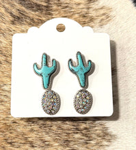 Load image into Gallery viewer, Faux Turquoise Cactus & AB Crystal Stud Earrings – Silver Western Desert Studs (Fashion Jewelry)