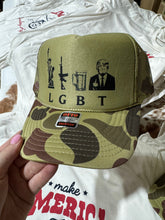 Load image into Gallery viewer, Liberty, Guns, Beer and Trump LGBT Trucker Hat