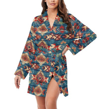 Load image into Gallery viewer, Blue Aztec Women's Long Sleeve Belted Satin Feel Dressing Lounge Robe