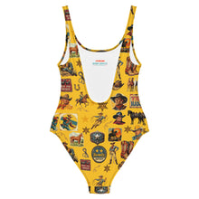 Load image into Gallery viewer, Yeehaw Vintage Cowboy Collage Mustard One-Piece Swimsuit
