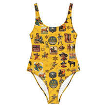 Load image into Gallery viewer, Yeehaw Vintage Cowboy Collage Mustard One-Piece Swimsuit