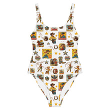Load image into Gallery viewer, Yeehaw Vintage Cowgirl Collage White One-Piece Swimsuit