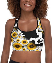 Load image into Gallery viewer, Cow Print Sunflower Sports Bra