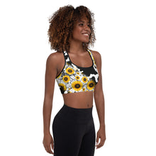 Load image into Gallery viewer, Cow Print Sunflower Sports Bra