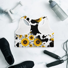 Load image into Gallery viewer, Cow Print Sunflower Sports Bra