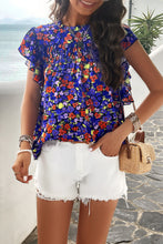 Load image into Gallery viewer, Smocked Printed Mock Neck Cap Sleeve Blouse