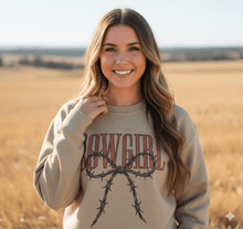 Load image into Gallery viewer, Cowgirl Barbed Wire Bow Graphic Sweatshirt