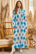 Load image into Gallery viewer, Blue Caracao Aztec Button Down Dress Duster Plus Size