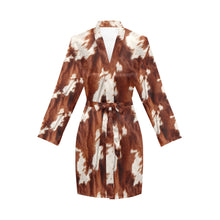 Load image into Gallery viewer, Brown Cow Print Women's Long Sleeve Belted Satin Feel Dressing Lounge Robe