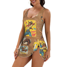 Load image into Gallery viewer, Vintage Cowgirl Collage Skirted Swim Suit