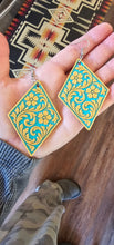 Load image into Gallery viewer, 3D Print Western Tooled Mustard Gold on Turquoise Earrings Made in America