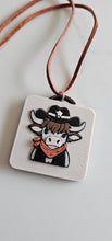 Load image into Gallery viewer, 3D Print Cowboy Highland Cow Picture Necklace, Keychain or Purse Charm on Suede Leather Western Made in America