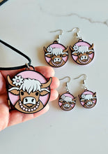Load image into Gallery viewer, 3D Print Cowgirl Highland Cow Picture Necklace or Earrings Western Made in America