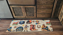 Load image into Gallery viewer, Baha Ranch Vintage Cowboy Collage Rug Runner Indoor 60" x 22" Made in America