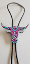 Load image into Gallery viewer, Turquoise Pink Aztec Longhorn 3D Inlay Bolo Tie Necklace Made in America