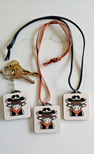 Load image into Gallery viewer, 3D Print Cowboy Highland Cow Picture Necklace, Keychain or Purse Charm on Suede Leather Western Made in America