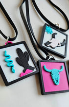 Load image into Gallery viewer, 3D Print Picture Necklace on Deerskin Leather Western Bull Skull Desert Cactus Made in America