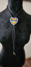 Load image into Gallery viewer, Orange Purple Aztec 3D Inlay Heart Bolo Tie Necklace Made in America