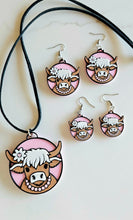 Load image into Gallery viewer, 3D Print Cowgirl Highland Cow Picture Necklace or Earrings Western Made in America
