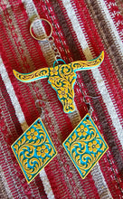 Load image into Gallery viewer, 3D Print Western Tooled Mustard Gold on Turquoise Earrings Made in America