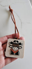 Load image into Gallery viewer, 3D Print Cowboy Highland Cow Picture Necklace, Keychain or Purse Charm on Suede Leather Western Made in America