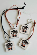 Load image into Gallery viewer, 3D Print Cowboy Highland Cow Picture Necklace, Keychain or Purse Charm on Suede Leather Western Made in America