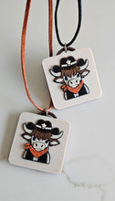 Load image into Gallery viewer, 3D Print Cowboy Highland Cow Picture Necklace, Keychain or Purse Charm on Suede Leather Western Made in America