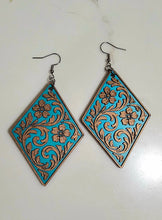 Load image into Gallery viewer, 3D Print Western Tooled Bronze-Copper Turquoise Earrings Made in America