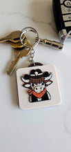 Load image into Gallery viewer, 3D Print Cowboy Highland Cow Picture Necklace, Keychain or Purse Charm on Suede Leather Western Made in America